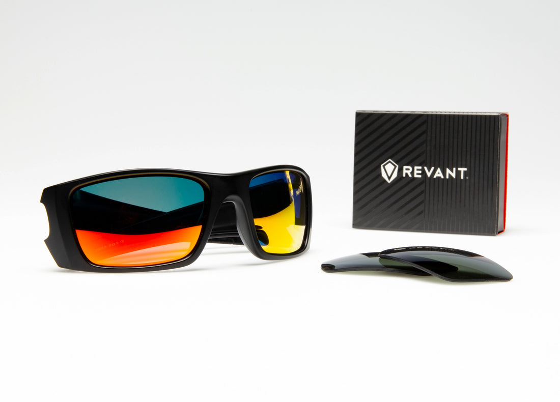 Picture of Oakley Fuel Cell Sunglasses with Revant Replacement Lenses next to them.