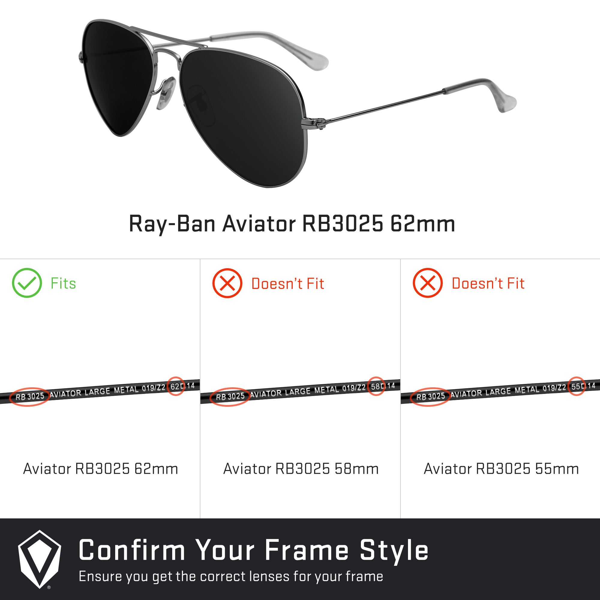 Ray Ban Aviator RB3025 62mm Replacement Lenses by Revant Optics