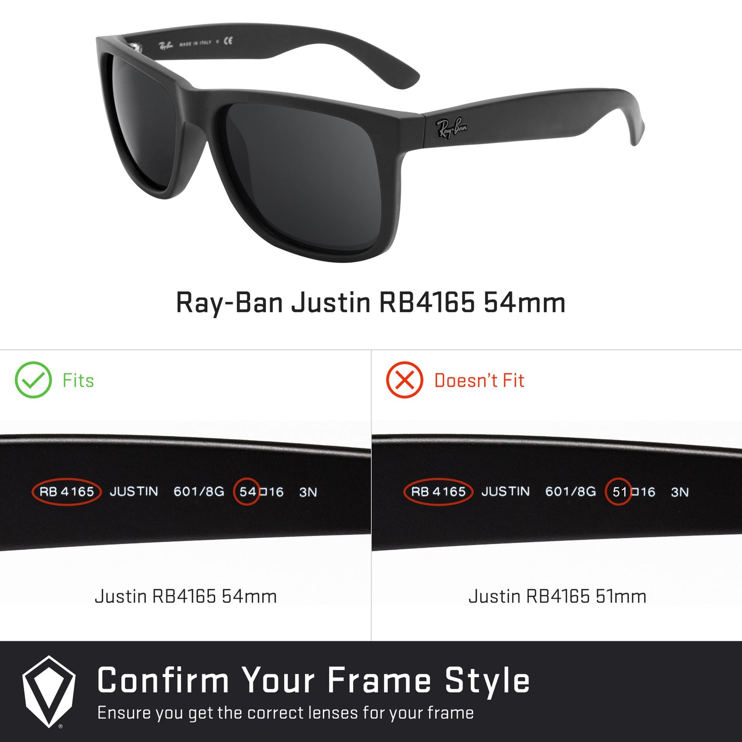 Revant replacement lenses compatible with Ray-Ban Justin RB4165 54mm